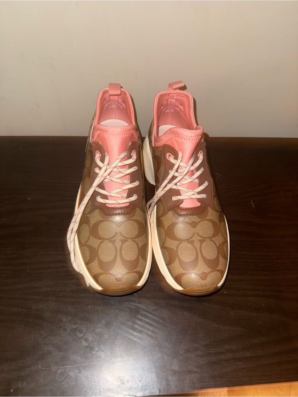 Coach Brown Signature Logo Sneakers with Pink Accents